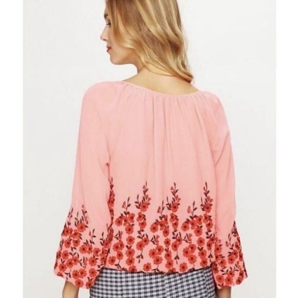 🌸FREE PEOPLE Coral Floral Embroidered boho Peasant blouse Top Med - Picture 2 of 9